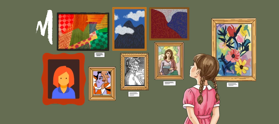 Illustrazione con bambina che guarda dei quadri
